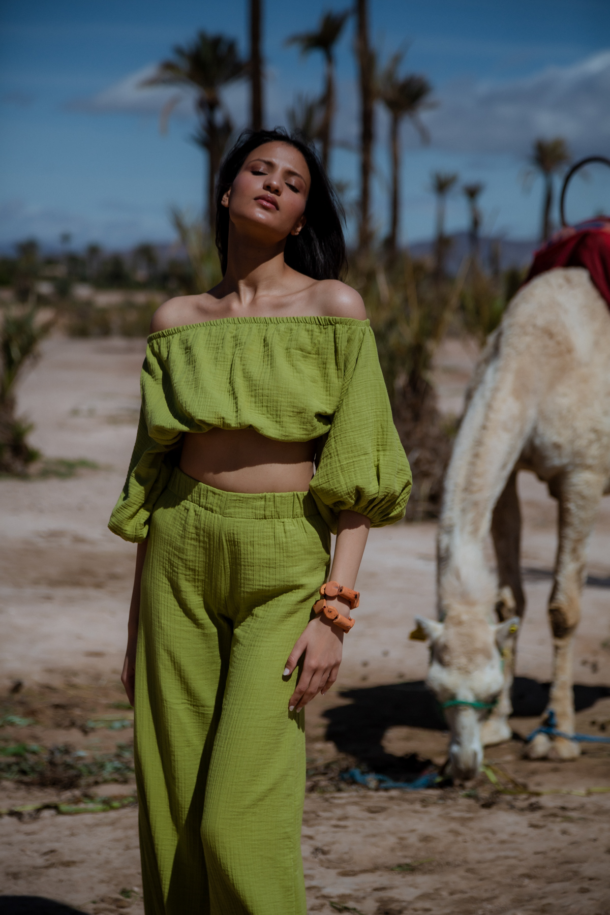 DUNIA %100 PAMUK KARPUZ KOLLU CROP VE PALAZZO PANTOLON TAKIM